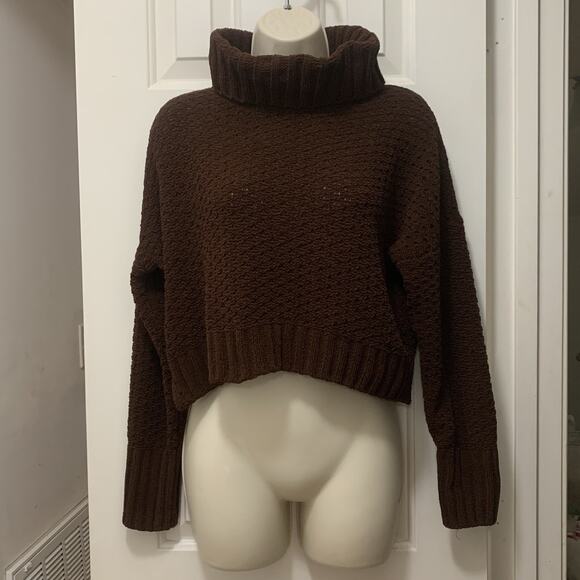 Pink Rose Chunky Knit Chocolate Brown Sweater S Oversized Turtleneck Crop Soft - Picture 1 of 8